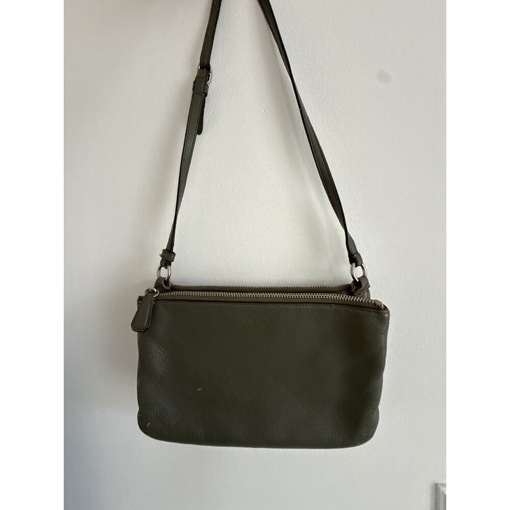 Coach New York Gray Olive Pebbled Leather Double Zip Crossbody Shoulder Bag